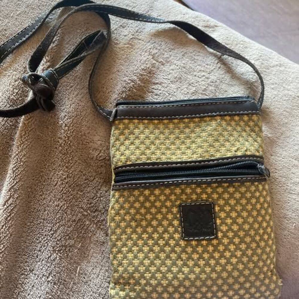 Woven Crossbody Bag — Tan and Olive, Leather Trim